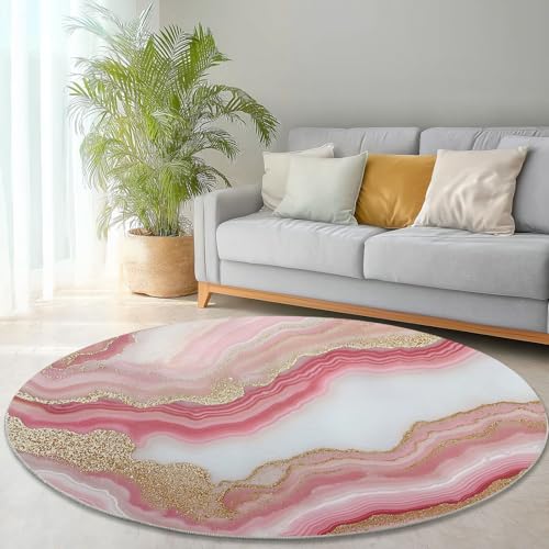 Waschbare Runde Teppiche 60 cm, Achatgestein Textur Muster Rutschfester Runder Rugs für das Wohnzimmer, Rosa Weicher Niedrigfloriger Teppich für unter den Esstisch von Generisch