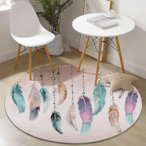 Waschbare Runde Teppiche 60 cm, Bohemien Federn Muster Rutschfester Runder Rugs für das Wohnzimmer, Rosa Weicher Niedrigfloriger Teppich für unter den Esstisch von Generisch