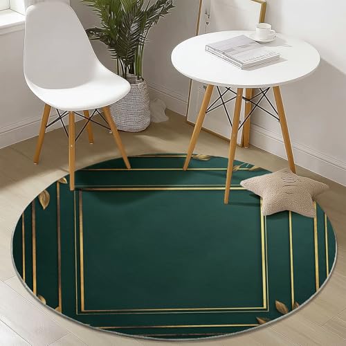 Waschbare Runde Teppiche 60 cm, Einfach Quadratischer Rahmen Muster Rutschfester Runder Läufer für das Wohnzimmer, Grün Weicher Niedrigfloriger Teppich für unter den Esstisch von Generisch