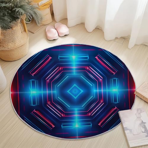 Waschbare Runde Teppiche 60 cm, Fantasie Geometrie Neon Muster Rutschfester Runder Kurzflor Läufer für das Wohnzimmer, Blau for Wohnzimmer Schlafzimmer Studie Heimbüro von Generisch