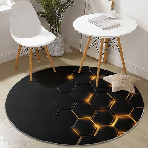 Waschbare Runde Teppiche 60 cm, Geometrie Leuchtende Sechsecke Muster Rutschfester Runder Rugs für das Wohnzimmer, Schwarz Weicher Niedrigfloriger Teppich für unter den Esstisch von Generisch