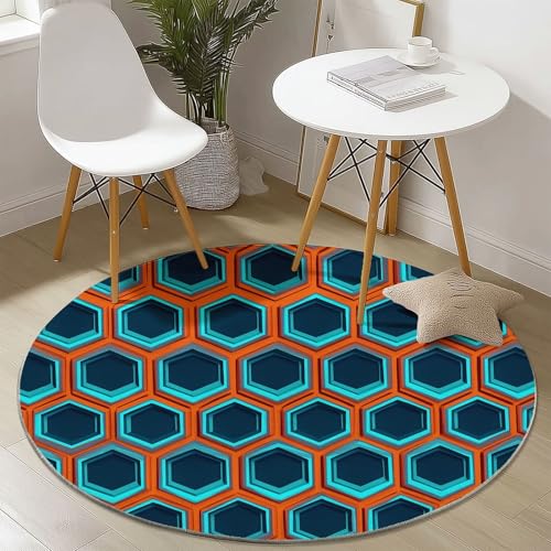 Waschbare Runde Teppiche 60 cm, Geometrie Sechsecke Waben Muster Rutschfester Runder Rugs für das Wohnzimmer, Orange Blau Weicher Niedrigfloriger Teppich für unter den Esstisch Waschbare Runde Teppiche 60 cm, Geometrie Sechsecke Waben Muster Rutschfester Runder Rugs für das Wohnzimmer, Orange Blau Weicher Niedrigfloriger Teppich für unter den Esstisch von Generisch