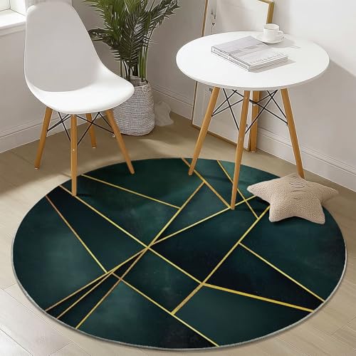 Waschbare Runde Teppiche 60 cm, Goldene Linien Dreiecke Muster Rutschfester Runder Läufer für das Wohnzimmer, Grün Weicher Niedrigfloriger Teppich für unter den Esstisch von Generisch