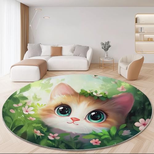 Waschbare Runde Teppiche 60 cm, Niedlich Cartoon Katze Muster Rutschfester Runder Rugs für das Wohnzimmer, Grün Weicher Niedrigfloriger Teppich für unter den Esstisch Waschbare Runde Teppiche 60 cm, Niedlich Cartoon Katze Muster Rutschfester Runder Rugs für das Wohnzimmer, Grün Weicher Niedrigfloriger Teppich für unter den Esstisch von Generisch