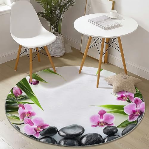 Waschbare Runde Teppiche 60 cm, Orchidee Blätter Felsen Muster Rutschfester Runder Rugs für das Wohnzimmer, Weiß Weicher Niedrigfloriger Teppich für unter den Esstisch Waschbare Runde Teppiche 60 cm, Orchidee Blätter Felsen Muster Rutschfester Runder Rugs für das Wohnzimmer, Weiß Weicher Niedrigfloriger Teppich für unter den Esstisch von Generisch
