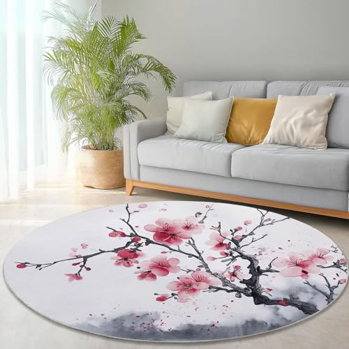 Waschbare Runde Teppiche 60 cm, Orientalisch Tuschemalerei Pflaumenblüte Muster Rutschfester Runder Rugs für das Wohnzimmer, Weiß Weicher Niedrigfloriger Teppich für unter den Esstisch Waschbare Runde Teppiche 60 cm, Orientalisch Tuschemalerei Pflaumenblüte Muster Rutschfester Runder Rugs für das Wohnzimmer, Weiß Weicher Niedrigfloriger Teppich für unter den Esstisch von Generisch