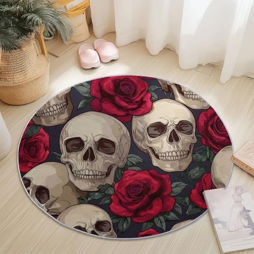 Waschbare Runde Teppiche 60 cm, Schädel Rose Muster Rutschfester Runder Rugs für das Wohnzimmer, Dunkelgrau Weicher Niedrigfloriger Teppich für unter den Esstisch Waschbare Runde Teppiche 60 cm, Schädel Rose Muster Rutschfester Runder Rugs für das Wohnzimmer, Dunkelgrau Weicher Niedrigfloriger Teppich für unter den Esstisch von Generisch