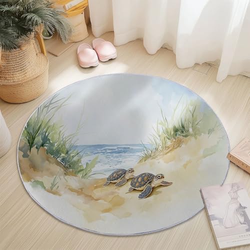 Waschbare Runde Teppiche 60 cm, Strand Schildkröte Sanddüne Muster Rutschfester Runder Läufer für das Wohnzimmer, Entenei Bunt Weicher Niedrigfloriger Teppich für unter den Esstisch von Generisch