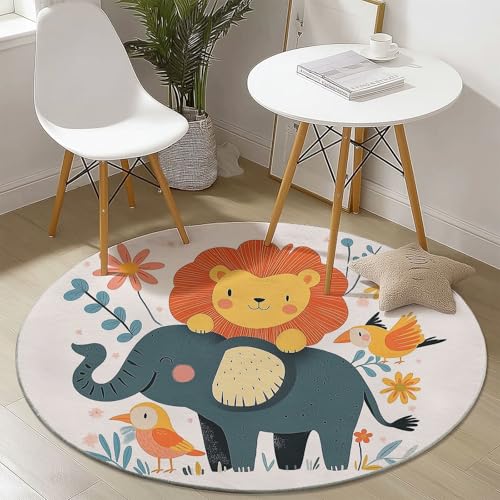 Waschbare Runde Teppiche 60 cm, Süß Elefant Löwe Muster Rutschfester Runder Rugs für das Wohnzimmer, Weiß Weicher Niedrigfloriger Teppich für unter den Esstisch Waschbare Runde Teppiche 60 cm, Süß Elefant Löwe Muster Rutschfester Runder Rugs für das Wohnzimmer, Weiß Weicher Niedrigfloriger Teppich für unter den Esstisch von Generisch