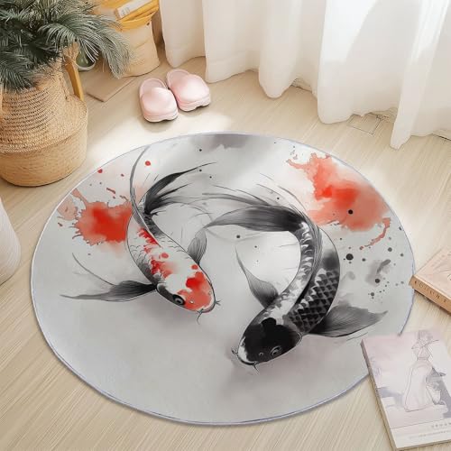 Waschbare Runde Teppiche 60 cm, Traditionelle Tuschemalerei Koi Muster Rutschfester Runder Rugs für das Wohnzimmer, Beige Weicher Niedrigfloriger Teppich für unter den Esstisch von Generisch