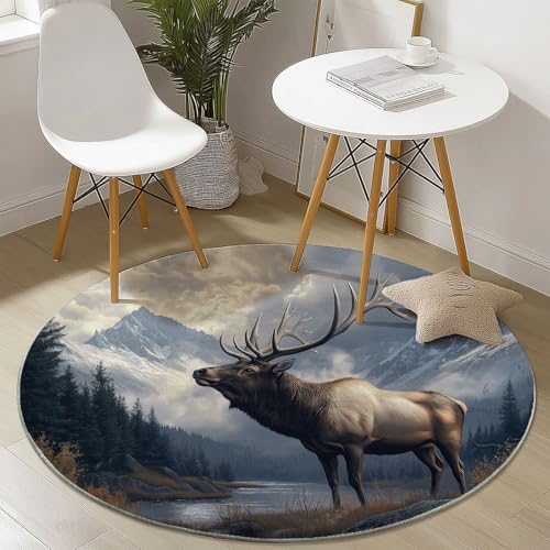 Waschbare Runde Teppiche 60 cm, Wald Elch Berge Muster Rutschfester Runder Rugs für das Wohnzimmer, Blaugrau Weicher Niedrigfloriger Teppich für unter den Esstisch Waschbare Runde Teppiche 60 cm, Wald Elch Berge Muster Rutschfester Runder Rugs für das Wohnzimmer, Blaugrau Weicher Niedrigfloriger Teppich für unter den Esstisch von Generisch