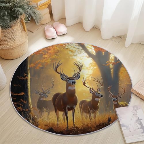 Waschbare Runde Teppiche 60 cm, Wald Hirsch Sonnenschein Muster Rutschfester Runder Rugs für das Wohnzimmer, Orange Farbe Weicher Niedrigfloriger Teppich für unter den Esstisch von Generisch