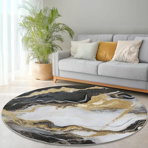 Waschbare Runde Teppiche 90 cm, Abstrakt Marmor Linien Muster Rutschfester Runder Rugs für das Wohnzimmer, Schwarzes Gold Weicher Niedrigfloriger Teppich für unter den Esstisch Waschbare Runde Teppiche 90 cm, Abstrakt Marmor Linien Muster Rutschfester Runder Rugs für das Wohnzimmer, Schwarzes Gold Weicher Niedrigfloriger Teppich für unter den Esstisch von Generisch
