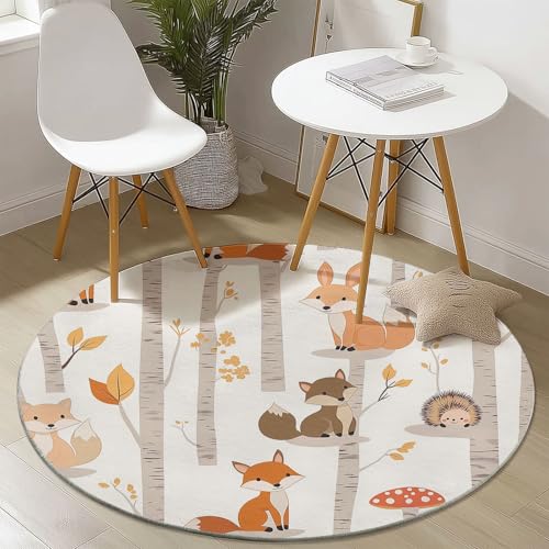 Waschbare Runde Teppiche 90 cm, Cartoon Fuchs Igel Muster Rutschfester Runder Rugs für das Wohnzimmer, Beige Weicher Niedrigfloriger Teppich für unter den Esstisch von Generisch