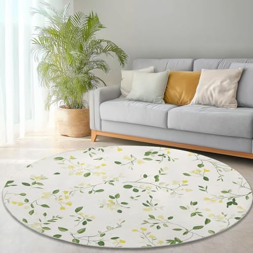 Waschbare Runde Teppiche 90 cm, Einfach Blätter Blumen Muster Rutschfester Runder Rugs für das Wohnzimmer, Weiß Weicher Niedrigfloriger Teppich für unter den Esstisch Waschbare Runde Teppiche 90 cm, Einfach Blätter Blumen Muster Rutschfester Runder Rugs für das Wohnzimmer, Weiß Weicher Niedrigfloriger Teppich für unter den Esstisch von Generisch