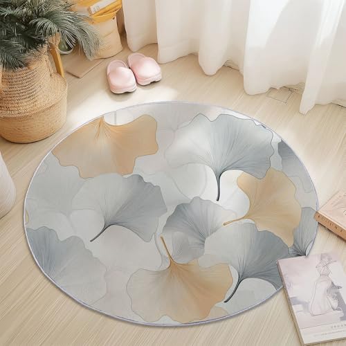 Waschbare Runde Teppiche 90 cm, Einfach Ginkgoblatt Muster Rutschfester Runder Rugs für das Wohnzimmer, Beige Weicher Niedrigfloriger Teppich für unter den Esstisch Waschbare Runde Teppiche 90 cm, Einfach Ginkgoblatt Muster Rutschfester Runder Rugs für das Wohnzimmer, Beige Weicher Niedrigfloriger Teppich für unter den Esstisch von Generisch