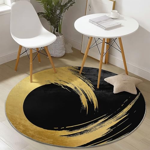 Waschbare Runde Teppiche 90 cm, Einfach Pinselstriche Textur Muster Rutschfester Runder Rugs für das Wohnzimmer, Schwarzes Gold Weicher Niedrigfloriger Teppich für unter den Esstisch Waschbare Runde Teppiche 90 cm, Einfach Pinselstriche Textur Muster Rutschfester Runder Rugs für das Wohnzimmer, Schwarzes Gold Weicher Niedrigfloriger Teppich für unter den Esstisch von Generisch