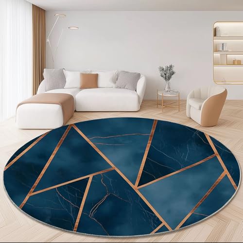 Waschbare Runde Teppiche 90 cm, Geometrie Blauer Marmor Muster Rutschfester Runder Rugs für das Wohnzimmer, Blau Weicher Niedrigfloriger Teppich für unter den Esstisch von Generisch