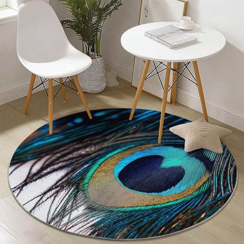 Waschbare Runde Teppiche 90 cm, Pfauenfedern Muster Rutschfester Runder Rugs für das Wohnzimmer, Blau Weicher Niedrigfloriger Teppich für unter den Esstisch Waschbare Runde Teppiche 90 cm, Pfauenfedern Muster Rutschfester Runder Rugs für das Wohnzimmer, Blau Weicher Niedrigfloriger Teppich für unter den Esstisch von Generisch