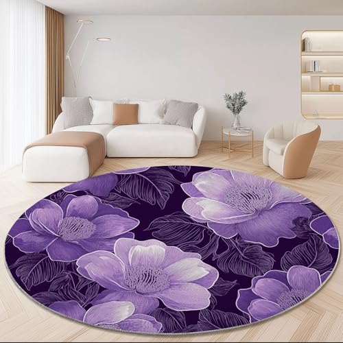Waschbare Runde Teppiche 90 cm, Schön Floral Linie Muster Rutschfester Runder Rugs für das Wohnzimmer, Lila Weicher Niedrigfloriger Teppich für unter den Esstisch von Generisch