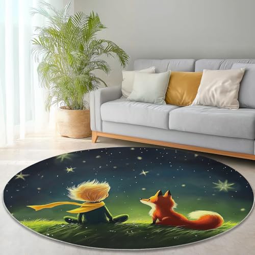 Waschbare Runde Teppiche 90 cm, Sternennacht Junge Fuchs Muster Rutschfester Runder Rugs für das Wohnzimmer, Dunkelgrün Weicher Niedrigfloriger Teppich für unter den Esstisch Waschbare Runde Teppiche 90 cm, Sternennacht Junge Fuchs Muster Rutschfester Runder Rugs für das Wohnzimmer, Dunkelgrün Weicher Niedrigfloriger Teppich für unter den Esstisch von Generisch