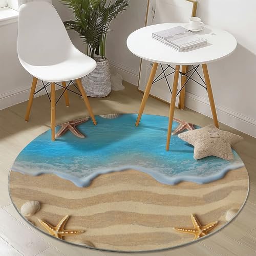 Waschbare Runde Teppiche 90 cm, Strand Seestern Muschel Muster Rutschfester Runder Rugs für das Wohnzimmer, Blau Weicher Niedrigfloriger Teppich für unter den Esstisch Waschbare Runde Teppiche 90 cm, Strand Seestern Muschel Muster Rutschfester Runder Rugs für das Wohnzimmer, Blau Weicher Niedrigfloriger Teppich für unter den Esstisch von Generisch