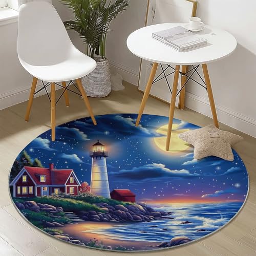 Waschbare Runde Teppiche 90 cm, Traum Leuchtturm Mond Muster Rutschfester Runder Rugs für das Wohnzimmer, Blau Weicher Niedrigfloriger Teppich für unter den Esstisch Waschbare Runde Teppiche 90 cm, Traum Leuchtturm Mond Muster Rutschfester Runder Rugs für das Wohnzimmer, Blau Weicher Niedrigfloriger Teppich für unter den Esstisch von Generisch