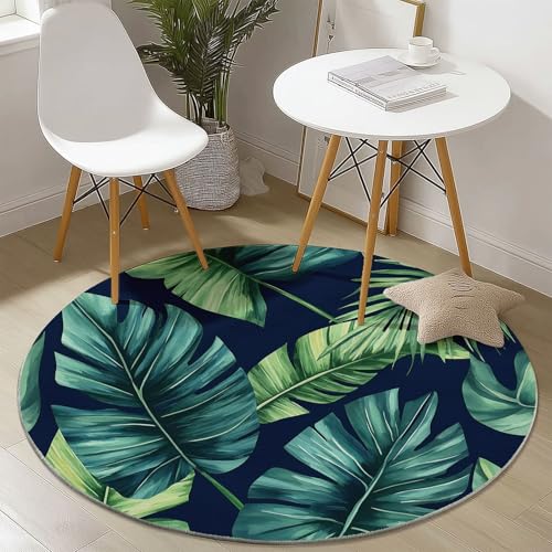 Waschbare Runde Teppiche 90 cm, Tropische Blätter Palmen Muster Rutschfester Runder Rugs für das Wohnzimmer, Dunkelblau Weicher Niedrigfloriger Teppich für unter den Esstisch von Generisch