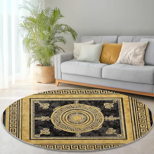 Waschbare Runde Teppiche 90 cm, Vintage Geometrie Symbol Muster Rutschfester Runder Rugs für das Wohnzimmer, Schwarzes Gold Weicher Niedrigfloriger Teppich für unter den Esstisch von Generisch