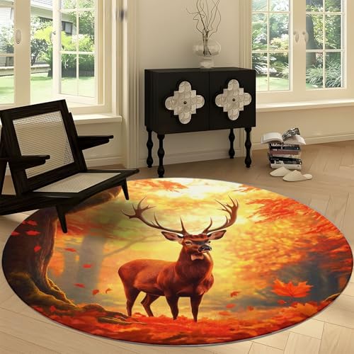 Waschbare Runde Teppiche 90 cm, Waldblatt Tierhirsch Rutschfester Runder Rugs für das Wohnzimmer, Orange Gelb Weicher Niedrigfloriger Teppich für unter den Esstisch von Generisch