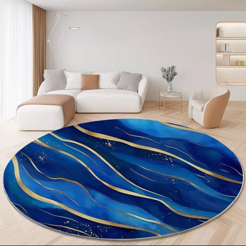 Waschbare Runde Teppiche 90 cm, Wirbel Abstrakt Texturen Muster Rutschfester Runder Rugs für das Wohnzimmer, Blau Weicher Niedrigfloriger Teppich für unter den Esstisch Waschbare Runde Teppiche 90 cm, Wirbel Abstrakt Texturen Muster Rutschfester Runder Rugs für das Wohnzimmer, Blau Weicher Niedrigfloriger Teppich für unter den Esstisch von Generisch