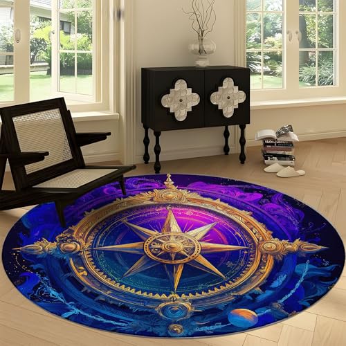 Waschbare Runde Teppiche Fantasy Kunst, Magische Sternbilder Kompass Rutschfester Runder Läufer für das Wohnzimmer - Weicher Niedrigfloriger 180 cm Teppich für unter den Esstisch von Generisch