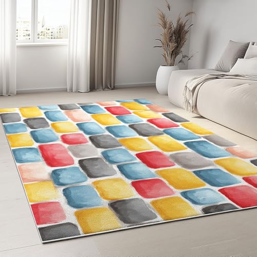 Waschbarer Handgemalt Teppich 60 x 90 cm, Bunte Geometrische Wandfliesen Bedruckter Teppich für Schlafzimmer Spielzimmer Kuscheliger Anti-Rutsch Läufer Küche Wohnzimmer Dekoration von Generisch