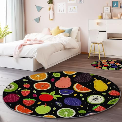 Waschbarer Runder Teppich 100 cm - Niedlich Graffiti-Kunst Obst Thema Flauschig Weich Flanell Teppich für Schlafzimmer, Schwarz rutschfeste Runder Teppiche für den Innenbereich Waschbarer Runder Teppich 100 cm - Niedlich Graffiti-Kunst Obst Thema Flauschig Weich Flanell Teppich für Schlafzimmer, Schwarz rutschfeste Runder Teppiche für den Innenbereich von Generisch
