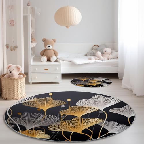 Waschbarer Runder Teppich 150 cm - Moderne Kunst Ginkgoblätter Linien Thema Rutschfest Pflegeleicht Runde Teppiche, Schwarz Silber Weich Flanell Teppich für Esszimmer Wohnzimmer Schlafzimmer Waschbarer Runder Teppich 150 cm - Moderne Kunst Ginkgoblätter Linien Thema Rutschfest Pflegeleicht Runde Teppiche, Schwarz Silber Weich Flanell Teppich für Esszimmer Wohnzimmer Schlafzimmer von Generisch