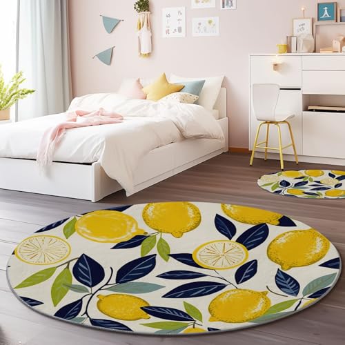 Waschbarer Runder Teppich 150 cm - Natur Zitrone Pflanzen Thema Flauschig Weich Flanell Teppich für Schlafzimmer, Gelb rutschfeste Runder Teppiche für den Innenbereich Waschbarer Runder Teppich 150 cm - Natur Zitrone Pflanzen Thema Flauschig Weich Flanell Teppich für Schlafzimmer, Gelb rutschfeste Runder Teppiche für den Innenbereich von Generisch