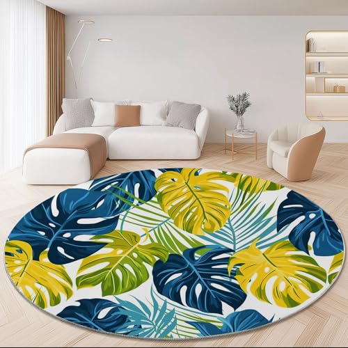 Waschbarer Runder Teppich 160 cm - Natur Tropische Blätter Pflanzen Thema rutschfest Pflegeleicht Runde Teppiche, Blau Gelb Weich Flanell Teppich für Esszimmer Wohnzimmer Schlafzimmer Waschbarer Runder Teppich 160 cm - Natur Tropische Blätter Pflanzen Thema rutschfest Pflegeleicht Runde Teppiche, Blau Gelb Weich Flanell Teppich für Esszimmer Wohnzimmer Schlafzimmer von Generisch
