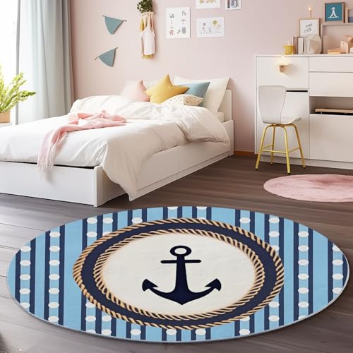 Waschbarer Runder Teppich 180 cm - Streifen Segeln Bootshaken Thema Flauschig Weich Flanell Teppich für Schlafzimmer, Hellblau rutschfeste Runder Teppiche für den Innenbereich Waschbarer Runder Teppich 180 cm - Streifen Segeln Bootshaken Thema Flauschig Weich Flanell Teppich für Schlafzimmer, Hellblau rutschfeste Runder Teppiche für den Innenbereich von Generisch