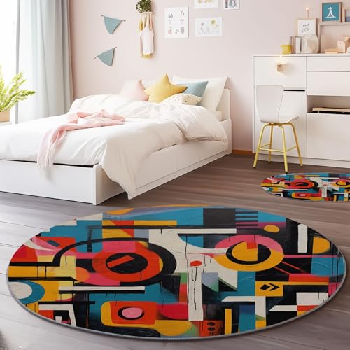Waschbarer Runder Teppich 60 cm - Modern Abstrakt Graffiti Geometrie Thema Flauschig Weich Flanell Teppich für Schlafzimmer, Bunt rutschfeste Runder Teppiche für den Innenbereich von Generisch