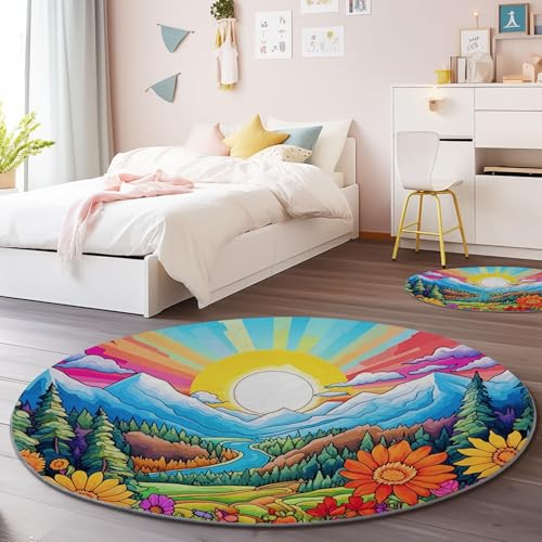 Waschbarer Runder Teppich 60 cm - Natur Berge Wildblumen Pflanzen Thema Flauschig Weich Flanell Teppich für Schlafzimmer, Bunt rutschfeste Runder Teppiche für den Innenbereich von Generisch
