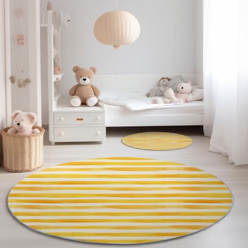 Waschbarer Runder Teppich 90 cm - Modern Elegant Aquarellstreifen Thema rutschfest Pflegeleicht Runde Teppiche, Gelb Weich Flanell Teppich für Esszimmer Wohnzimmer Schlafzimmer von Generisch