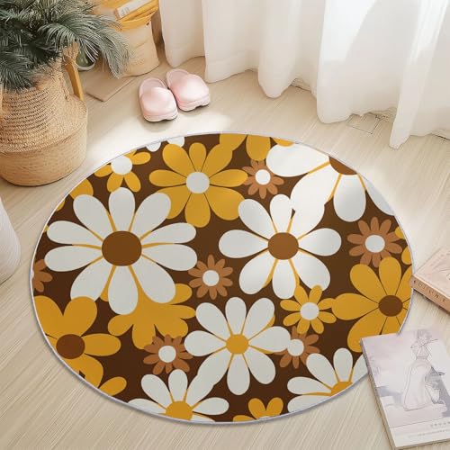 Waschbarer Runder Teppich Cartoon Illustration Retro Blumen Thema, Gelb Weiß Weich Kurzflor rutschfest 100 cm Rund Teppiche - für Schlafzimmer Kinderzimmer Wohnzimmer Esszimmer Schalldämmung von Generisch