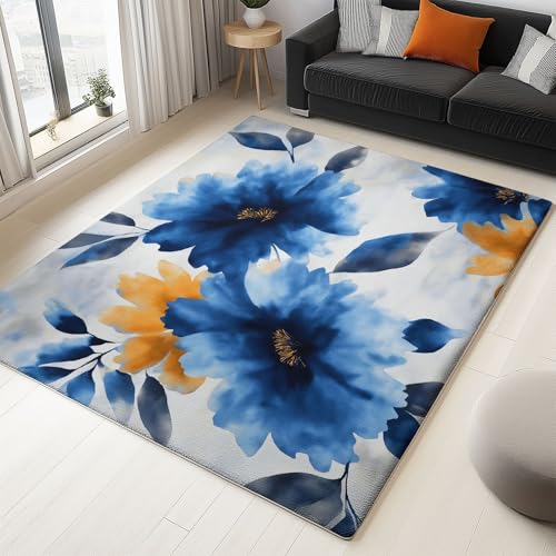 Waschbarer Rutschfester Teppich 140 x 200cm, Aquarell Blau Gelb Blumen Leichte und Flauschig Matte Strapazierfähig für Flur Eingangsbereich Wohnzimmer Kinderzimmer Teppiche Gegend von Generisch