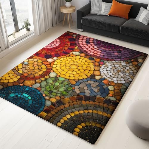 Waschbarer Rutschfester Teppich 140 x 200cm, Bunte Kreise Mosaikmalerei Leichte und Flauschig Matte Strapazierfähig für Flur Eingangsbereich Wohnzimmer Kinderzimmer Teppiche Gegend von Generisch