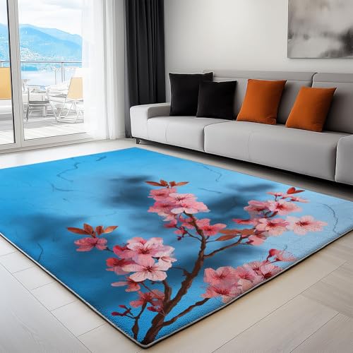 Waschbarer Rutschfester Teppich 140 x 200cm, Japanische Kirschblüten blau, Leichte und Flauschig Matte, Strapazierfähig für Flur, Eingangsbereich, Wohnzimmer Kinderzimmer Teppiche Gegend von Generisch