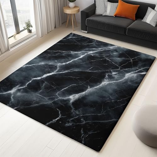 Waschbarer Rutschfester Teppich 80 x 150cm, Schwarze Marmorstruktur Leichte und Flauschig Matte Strapazierfähig für Flur Eingangsbereich Wohnzimmer Kinderzimmer Teppiche Gegend von Generisch