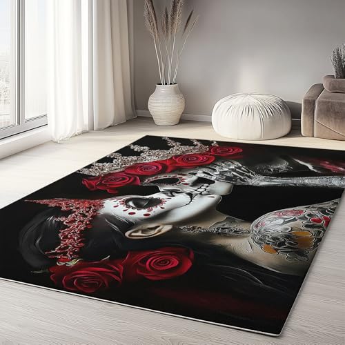 Waschbarer Rutschfester Teppich Schwarz 160 x 230cm, Gothic Totenkopf und Mädchen Rote Rosen Leichte und Flauschig Matte Strapazierfähig für Flur Eingangsbereich Wohnzimmer Teppiche Gegend von Generisch