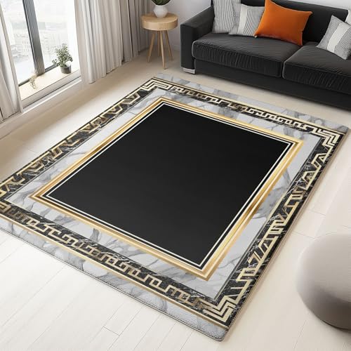 Waschbarer Teppich 200 x 290 cm mit Geometrie Bilderrahmen Marmor Muster, Groß rutschfest Läufer, Weicher Kurzflor Teppich für Wohnzimmer Schlafzimmer Esszimmer Büro, Schwarz von Generisch