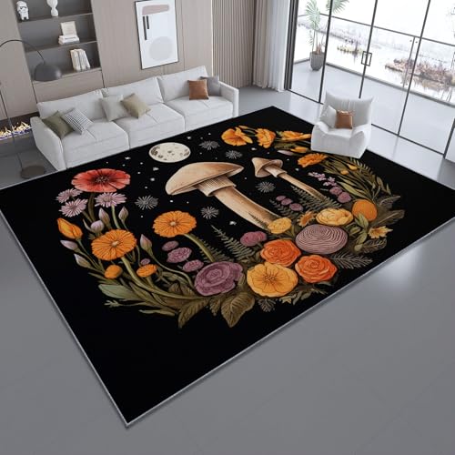 Waschbarer Teppich für Wohnzimmer, Schwarz Kurzflor rutschfeste Teppich mit Landhausstil Botanisch Pilze Muster für Schlafzimmer Esszimmer Büro Sofa - 60 x 90 cm Waschbarer Teppich für Wohnzimmer, Schwarz Kurzflor rutschfeste Teppich mit Landhausstil Botanisch Pilze Muster für Schlafzimmer Esszimmer Büro Sofa - 60 x 90 cm von Generisch