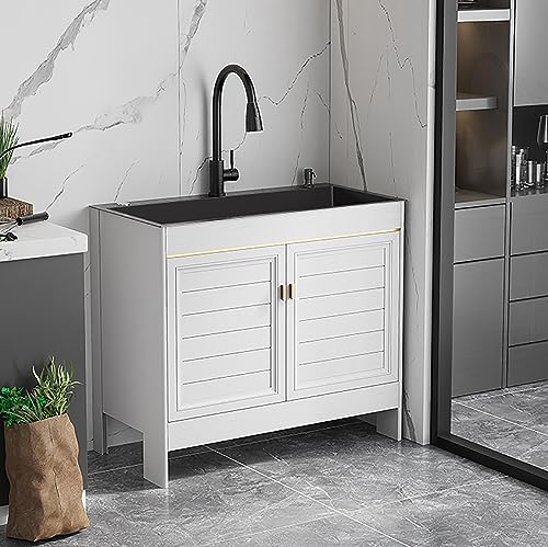 Waschküchenspüle mit Schrank und Wasserhahn, freistehende Küchenspüle mit Ablagen und Abtropfgestell, für Garage, Restaurant, Waschküche, Innen/Außenbereich von Generisch